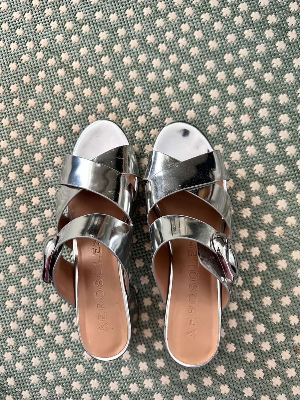 AEROSOLES Collin Platform Sandals in silver metallic synthetic 
Size 10.5 wide